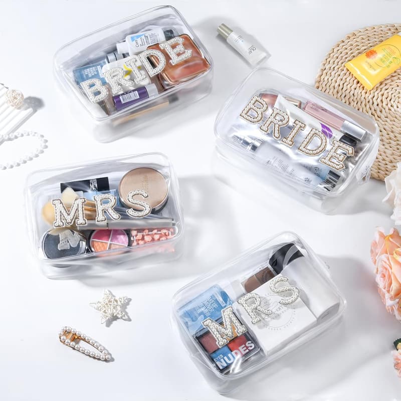 Bridal Shower Clear Cosmetic Bag with Rhinestone Patches
