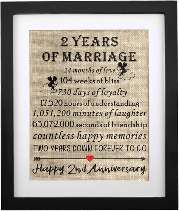 2nd Anniversary Framed Burlap Print Keepsake for Couples