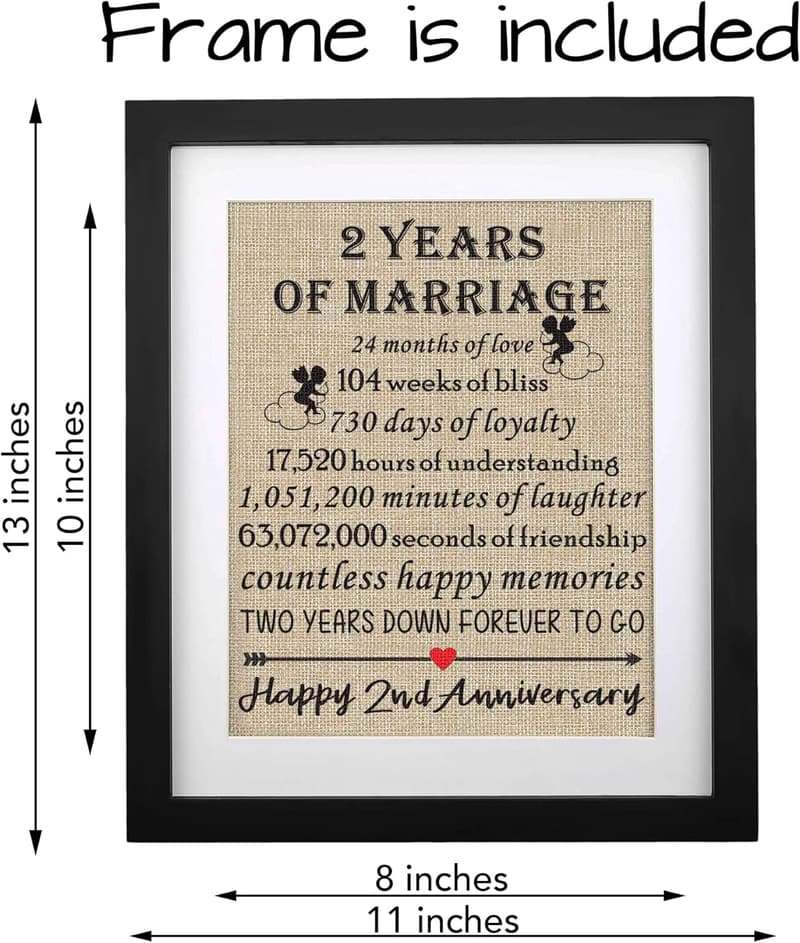 2nd Anniversary Framed Burlap Print Keepsake for Couples