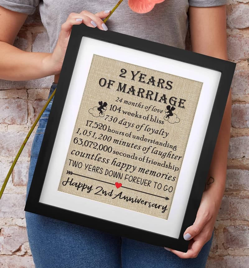 2nd Anniversary Framed Burlap Print Keepsake for Couples