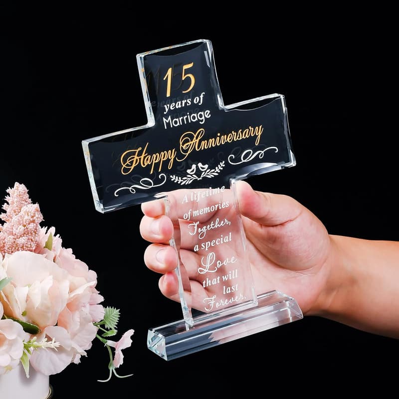 15th Anniversary Glass Cross Gift for Couples