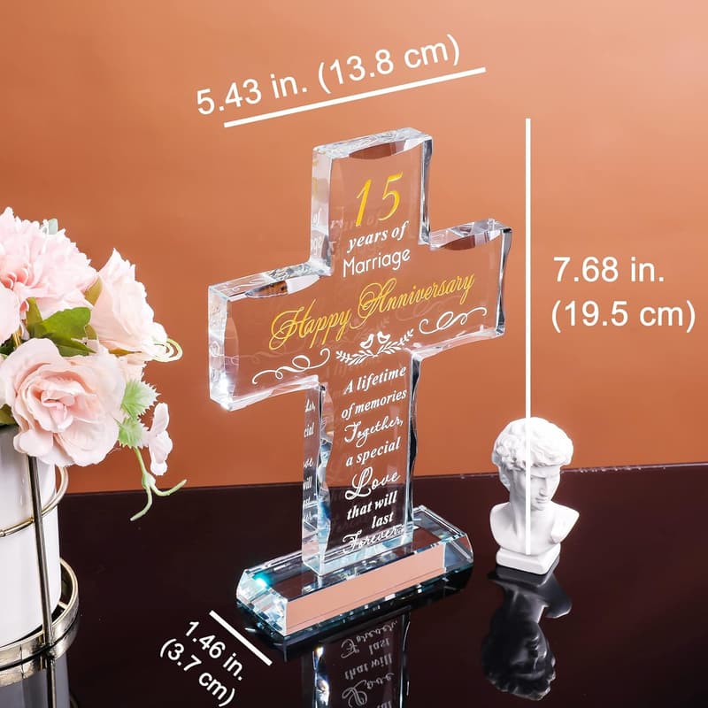 15th Anniversary Glass Cross Gift for Couples