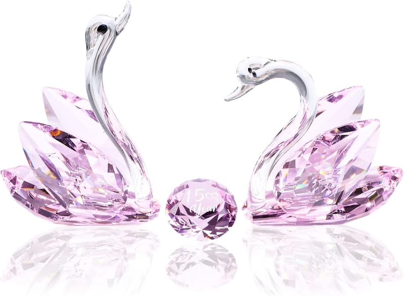 15th Anniversary Pink Diamond Swan Figurine for Couples