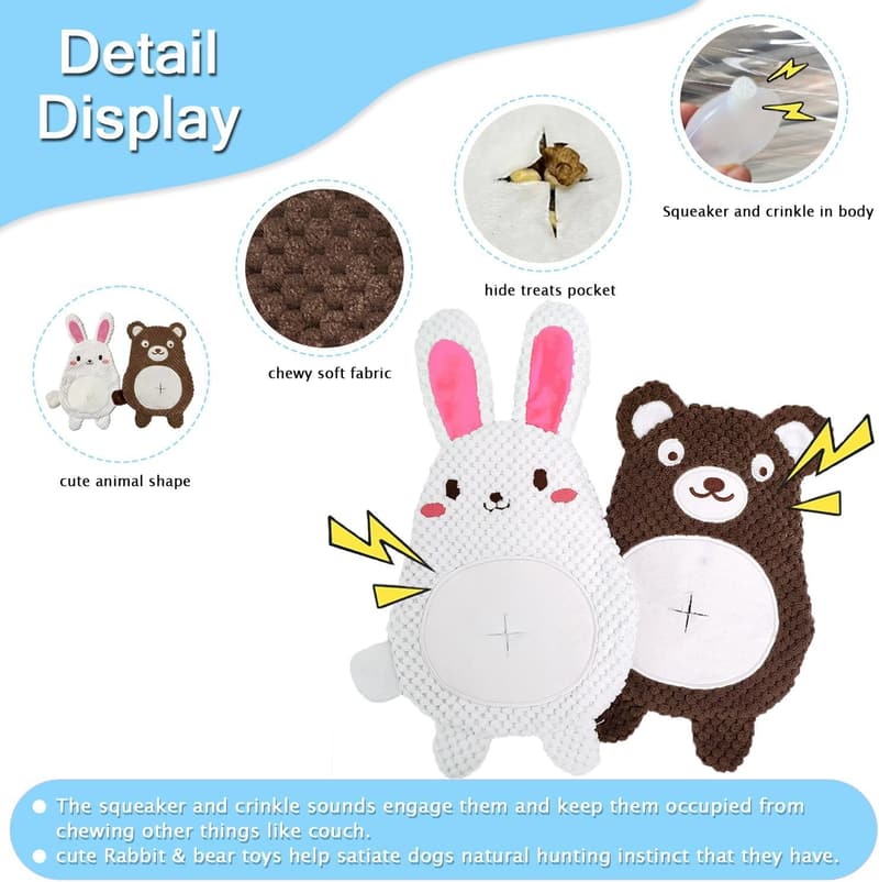 Squeaky Dog Toy Set - Crinkle Snuffle Rabbit & Bear for Puppies