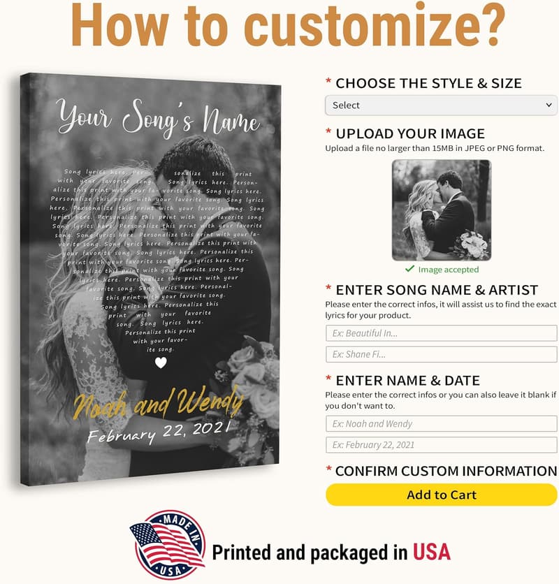 First Anniversary Custom Song Lyrics Canvas Print for Couples