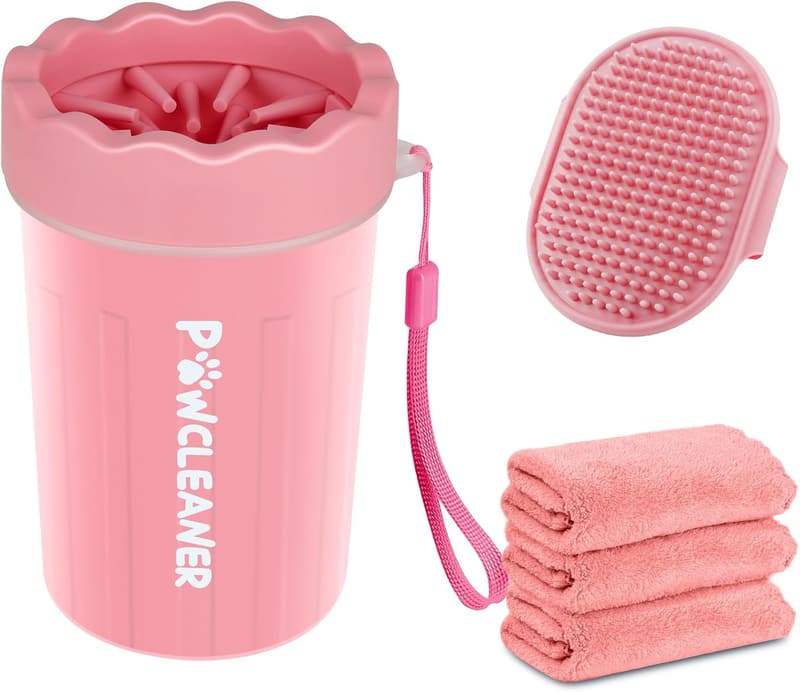Dog Paw Cleaner with Towels & Brush – Pink Medium