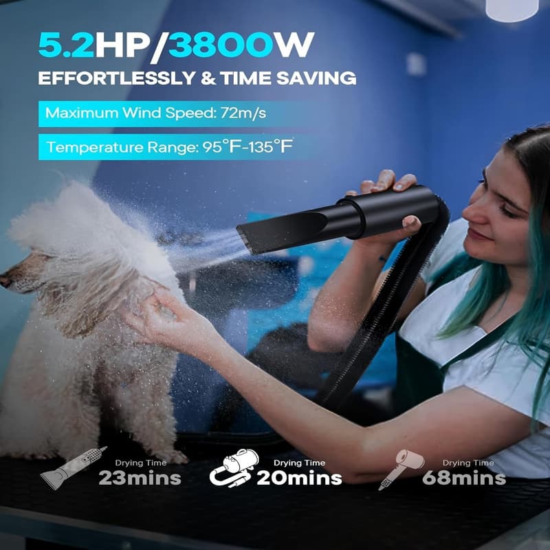 High Velocity Dog Dryer, 5.2HP with Adjustable Speed & 4 Nozzles