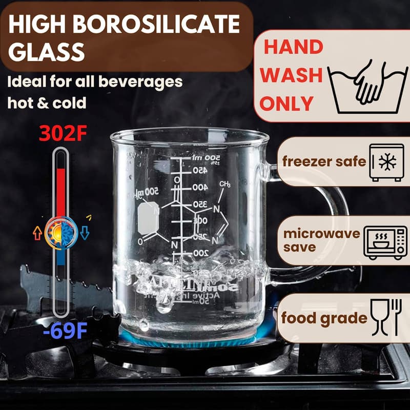 Clear Caffeine Molecule Beaker Mug - 17 oz Borosilicate Glass