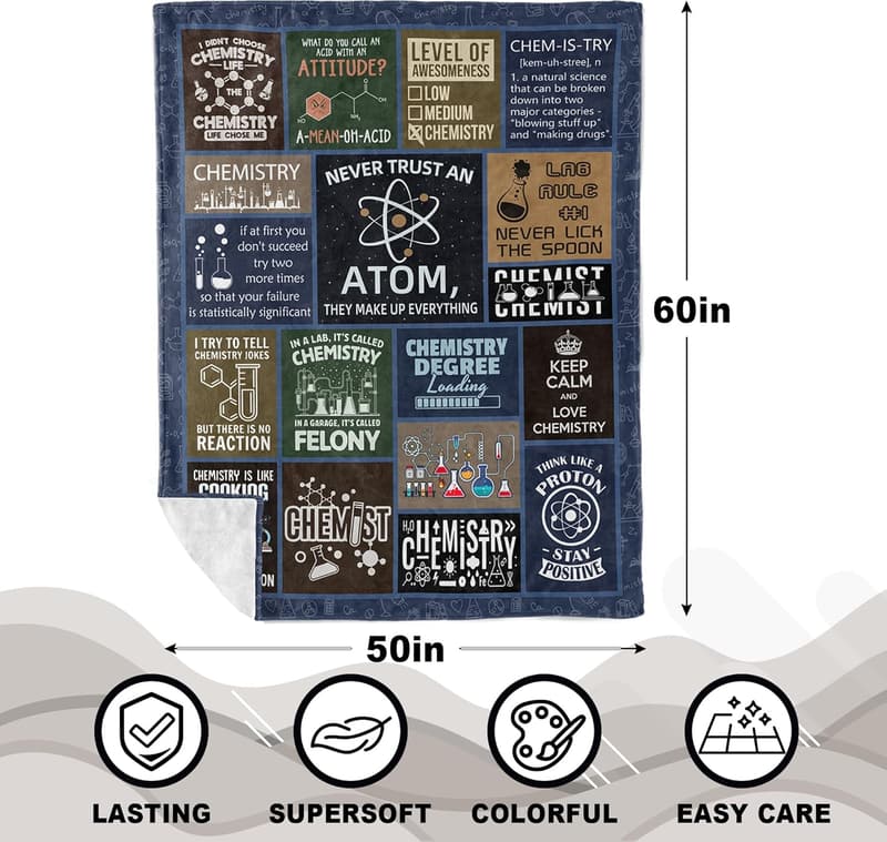 Chemistry Blanket Gift for Students, Teachers, 60x50 in