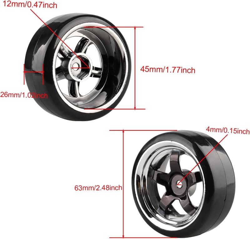 1:10 RC Drift Car Hub Wheel Rims with Hard Plastic Tires - Black