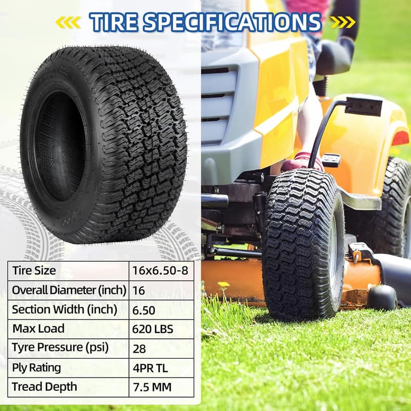 16x6.5-8 Tubeless Lawn Mower Tire - 4 Ply Turf-S Pattern (2 Pack)