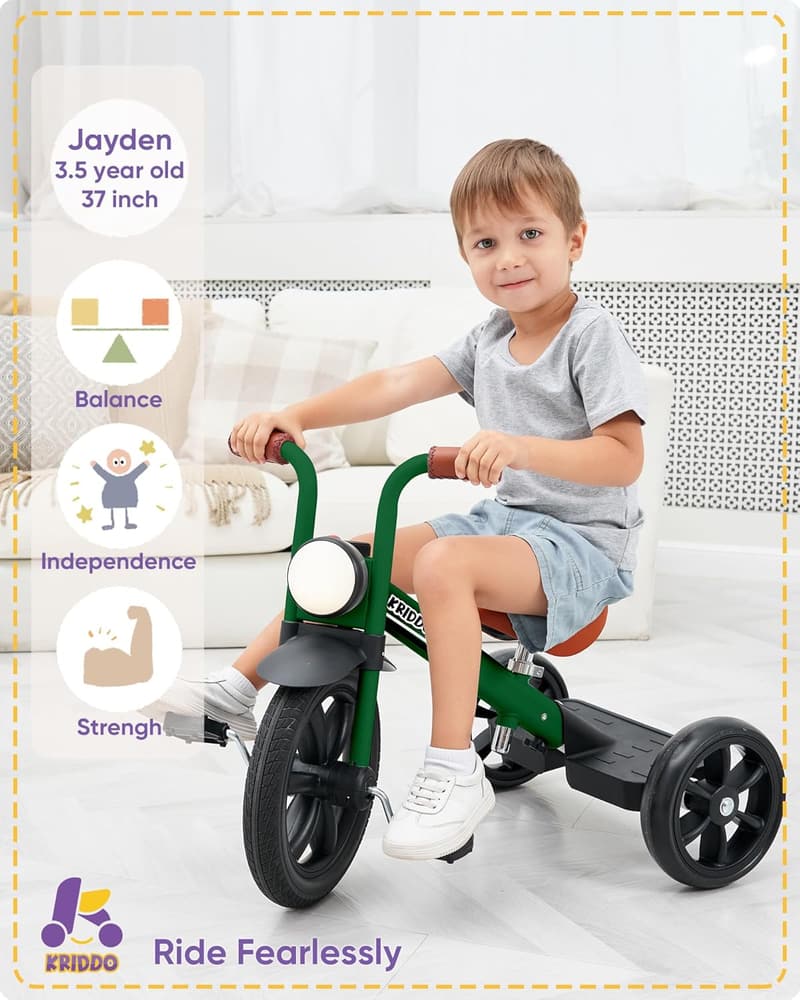 Kids Tricycle with Adjustable Seat & Puncture-Free Wheels - Green