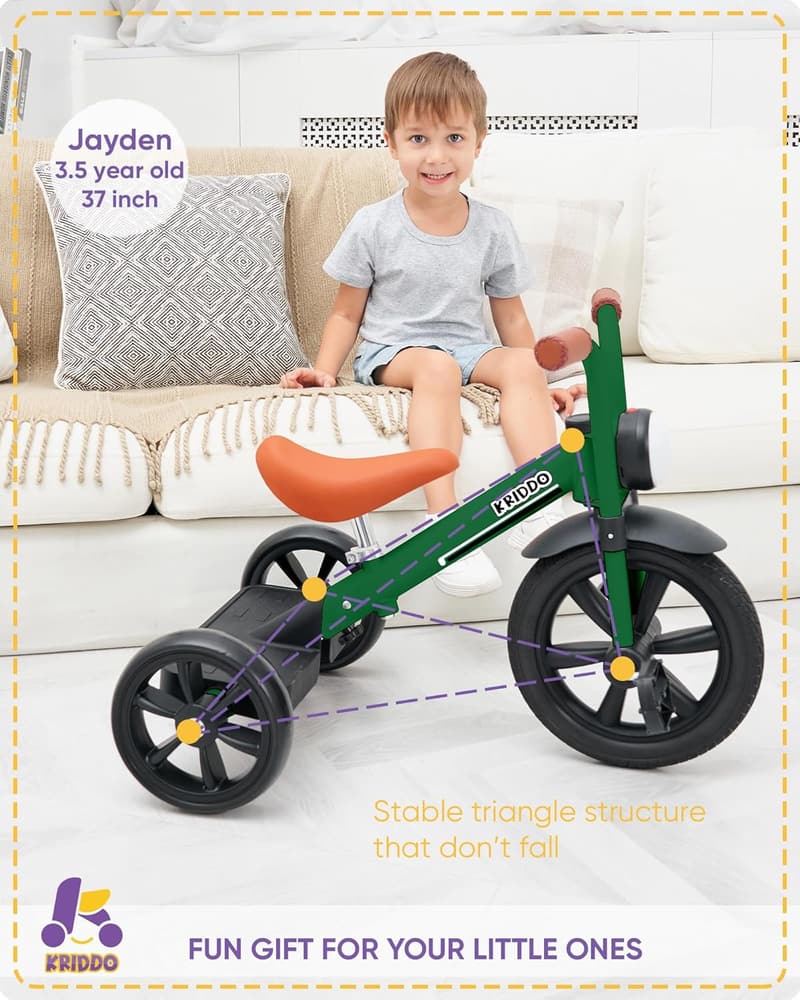 Kids Tricycle with Adjustable Seat & Puncture-Free Wheels - Green