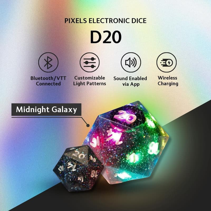 RGB D20 Electronic Dice - Midnight Galaxy, App-Controlled for RPGs