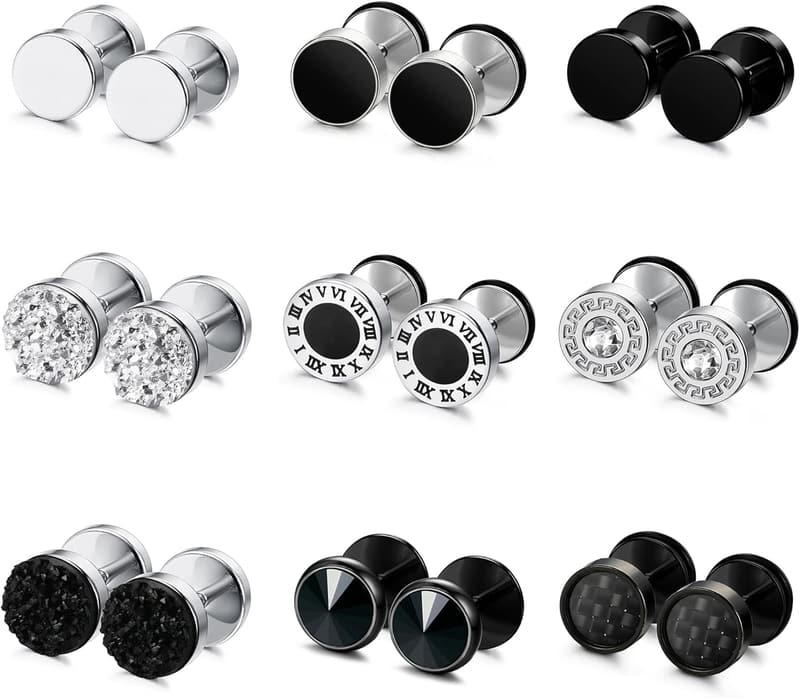 Stainless Steel Fake Gauge Earrings for Men and Women - 9 Pairs