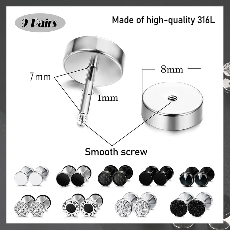 Stainless Steel Fake Gauge Earrings for Men and Women - 9 Pairs