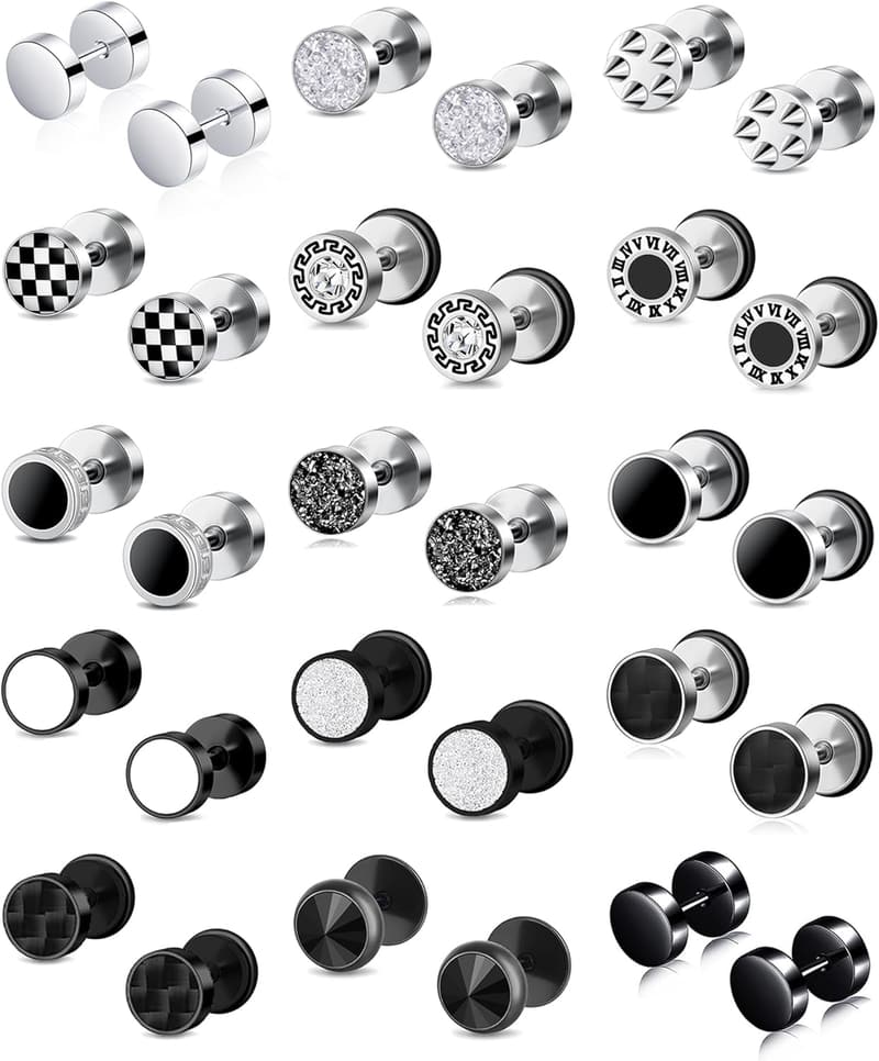16 Pairs Stainless Steel Fake Gauge Earrings Set for Men & Women