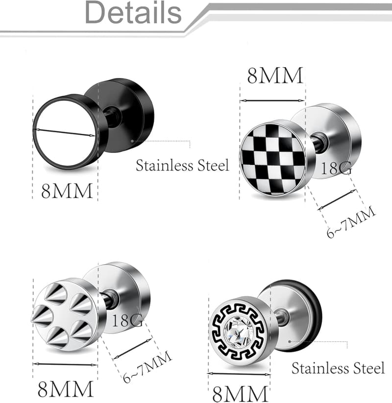 16 Pairs Stainless Steel Fake Gauge Earrings Set for Men & Women