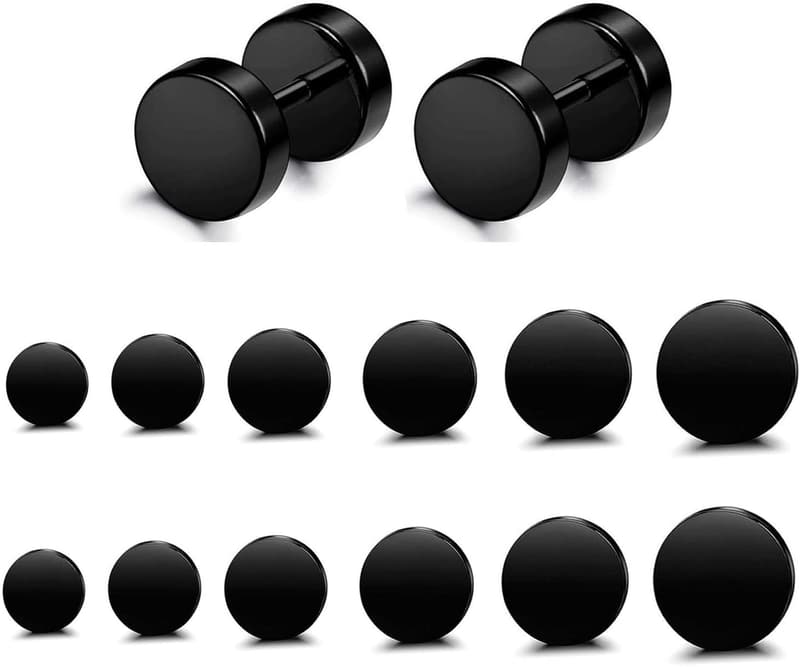 6 Pairs Stainless Steel Black Fake Gauge Earrings Set for Men & Women