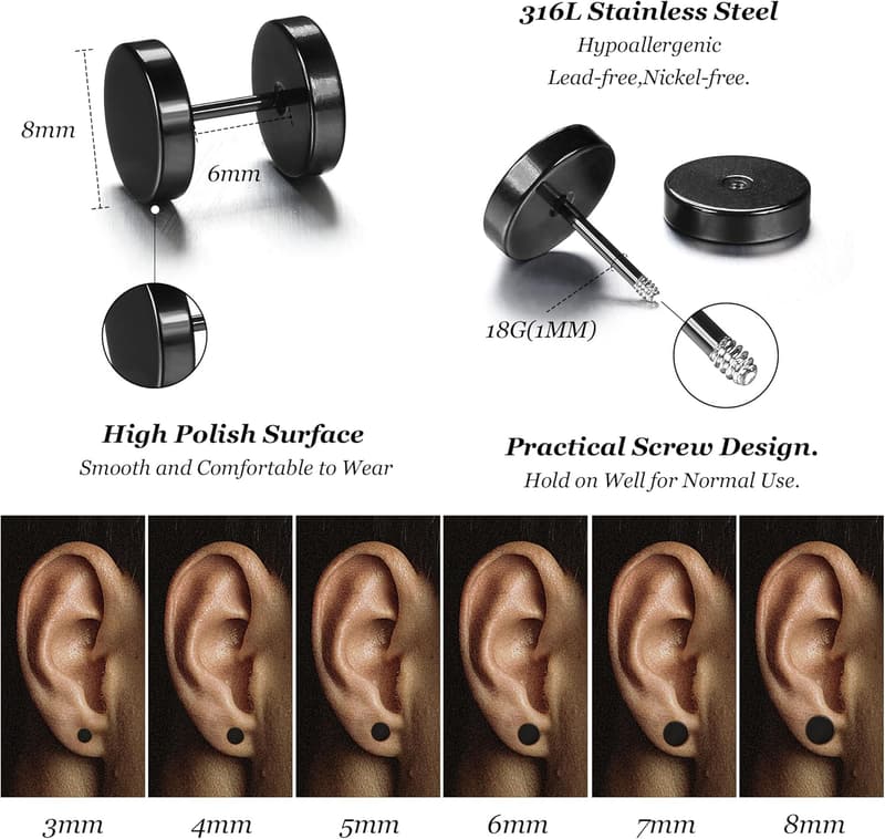 6 Pairs Stainless Steel Black Fake Gauge Earrings Set for Men & Women