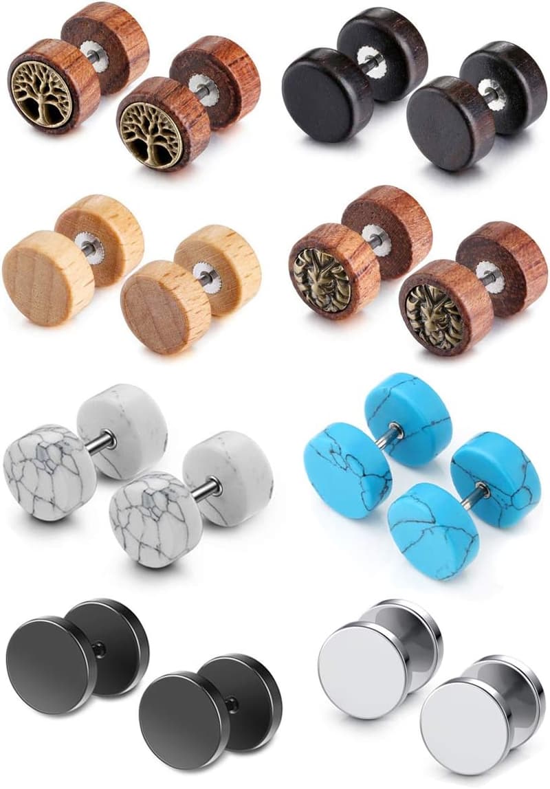 Wood and Turquoise Faux Gauge Earrings for Men and Women