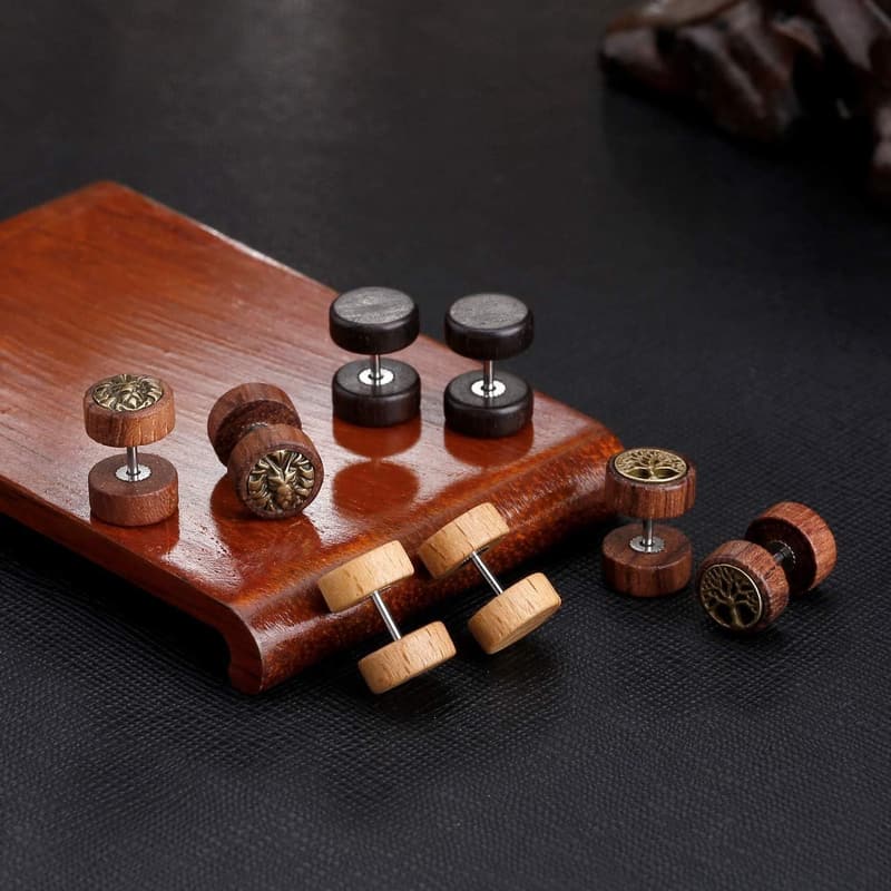 Wood and Turquoise Faux Gauge Earrings for Men and Women
