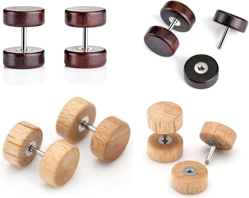 Wood and Turquoise Faux Gauge Earrings for Men and Women