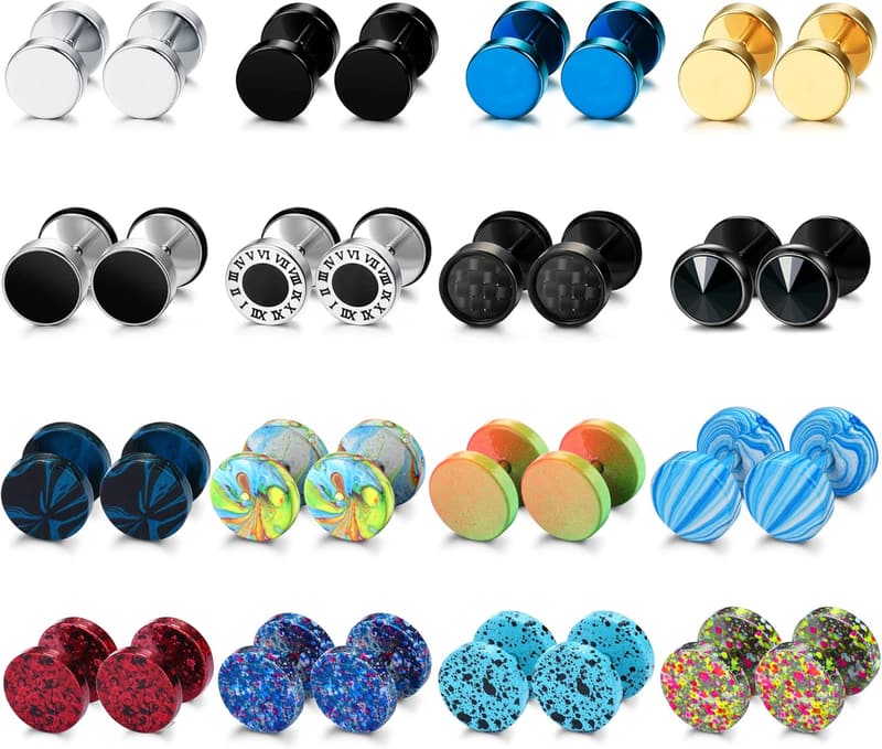 16 Pairs Stainless Steel Fake Gauge Earrings for Men & Women