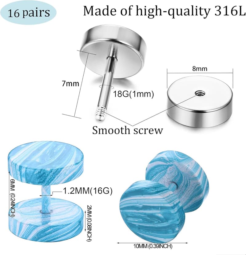 16 Pairs Stainless Steel Fake Gauge Earrings for Men & Women