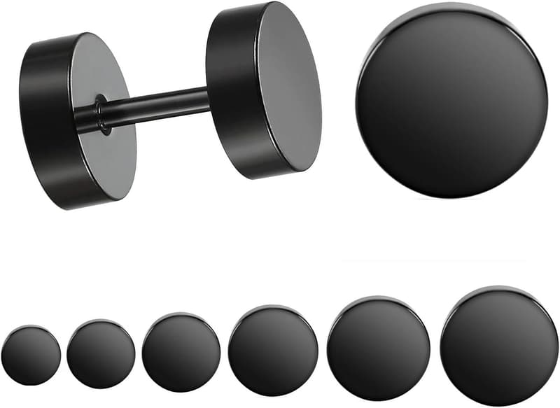 Stainless Steel Faux Gauge Black Stud Earrings for Men & Women