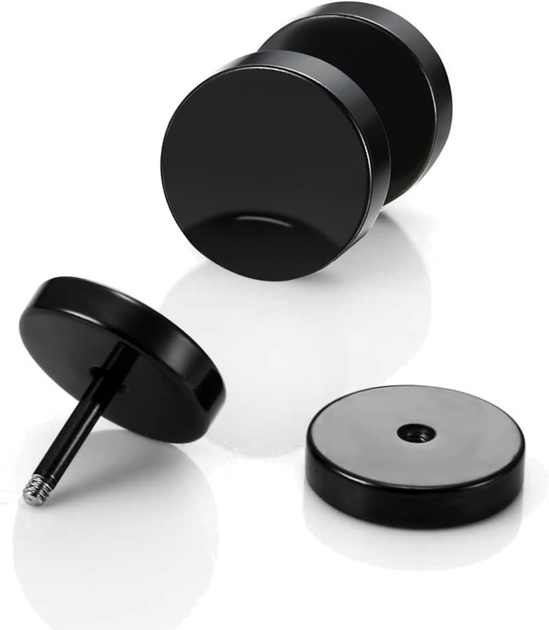 Stainless Steel Faux Gauge Black Stud Earrings for Men & Women