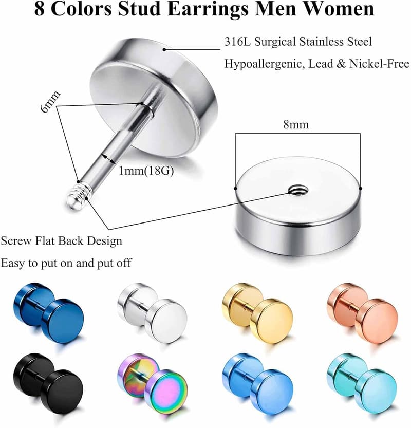 Multicolor Surgical Steel Stud Earrings Set for Men & Women