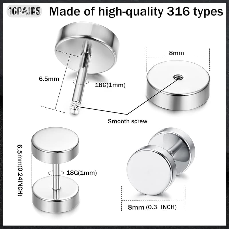 Stainless Steel Fake Gauge Earrings for Men and Women - 16 Pairs