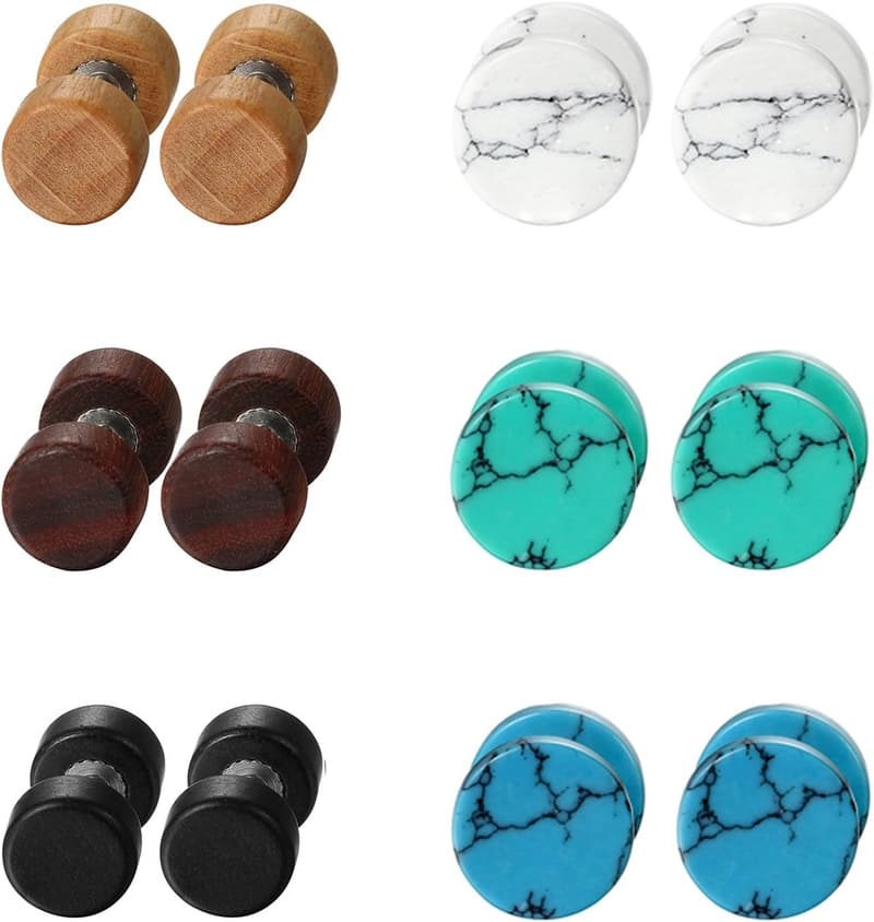 Marble Stone Wood Stud Earrings Set - 8MM, 6 Pairs