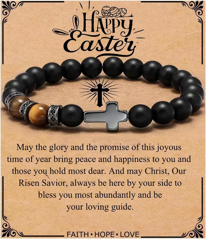 Father's Day Black Tiger Eye Cross Bracelet for Men