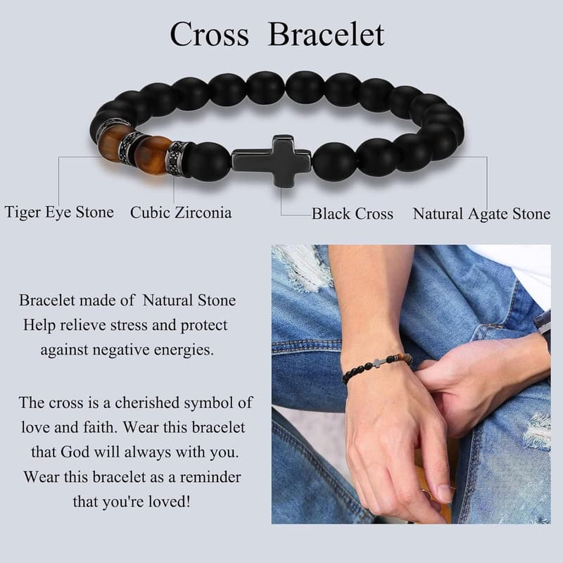 Father's Day Black Tiger Eye Cross Bracelet for Men