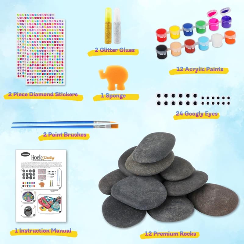 Rock Painting Kit for Kids and Adults - 12 Rocks, Fun Arts & Crafts