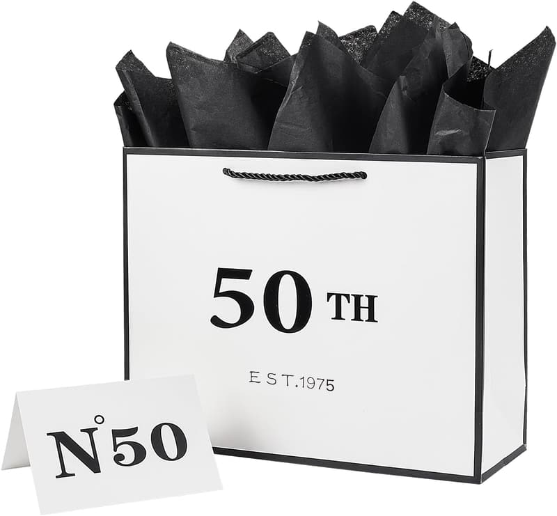 50th Birthday Gift Bag with Card & Tissue Paper for Men and Women