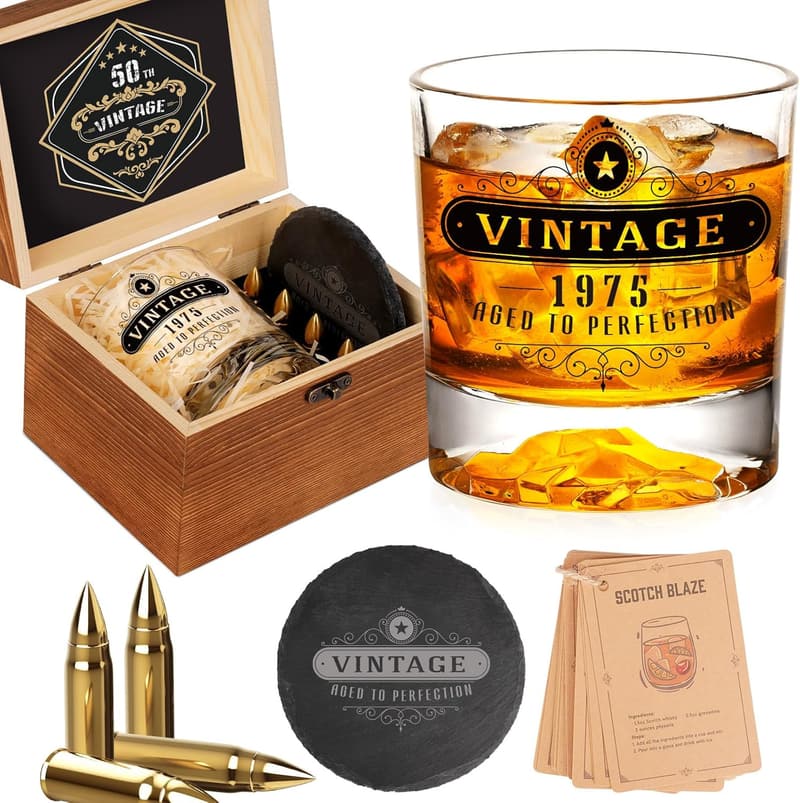 Vintage 1974 Whiskey Glass Set - 50th Birthday Gift for Him