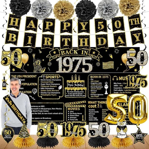 50th Birthday Party Decorations - Vintage 1975 Banner & Supplies