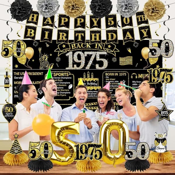 50th Birthday Party Decorations - Vintage 1975 Banner & Supplies