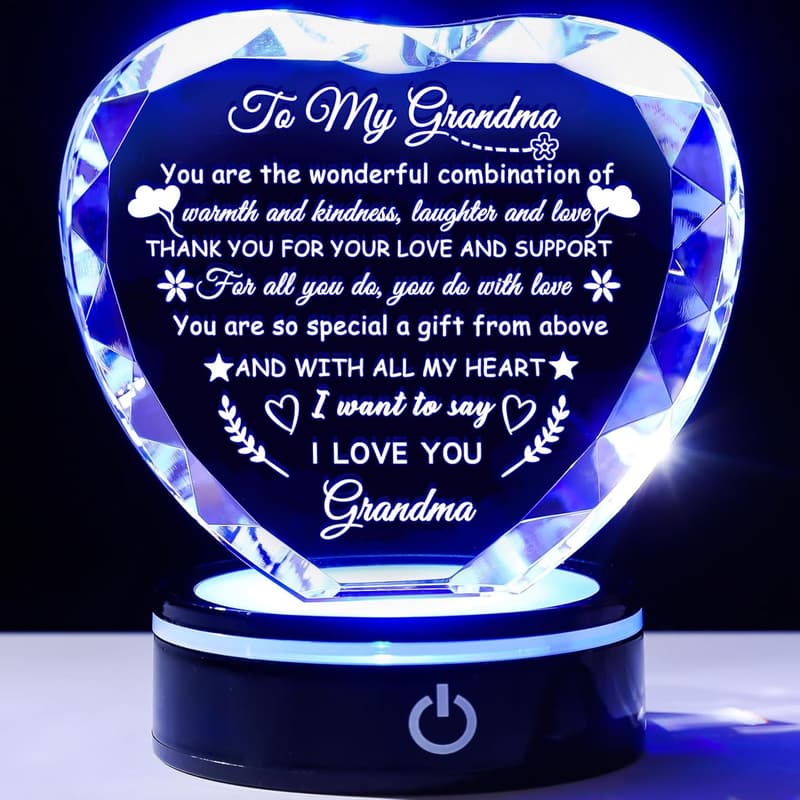 Grandma Birthday Gift: Heart Crystal with Colorful LED Base