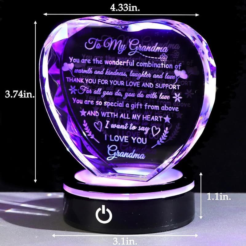 Grandma Birthday Gift: Heart Crystal with Colorful LED Base