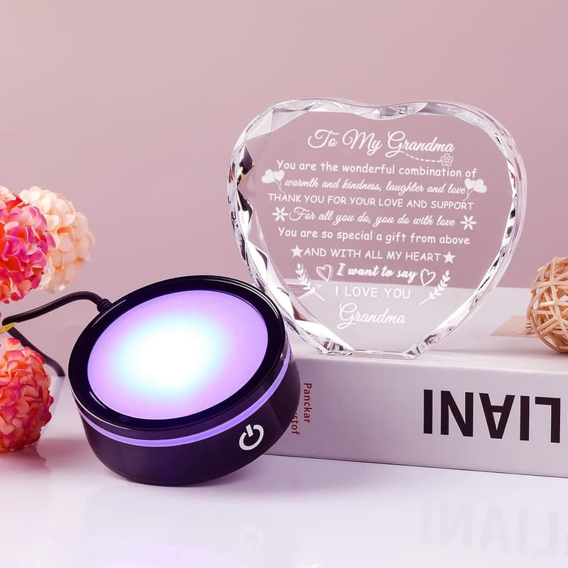 Grandma Birthday Gift: Heart Crystal with Colorful LED Base