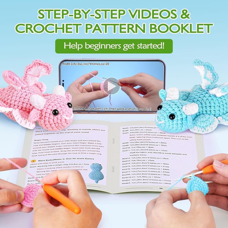 Beginner Crochet Kit for Adults – DIY Dragon Family with Tutorials