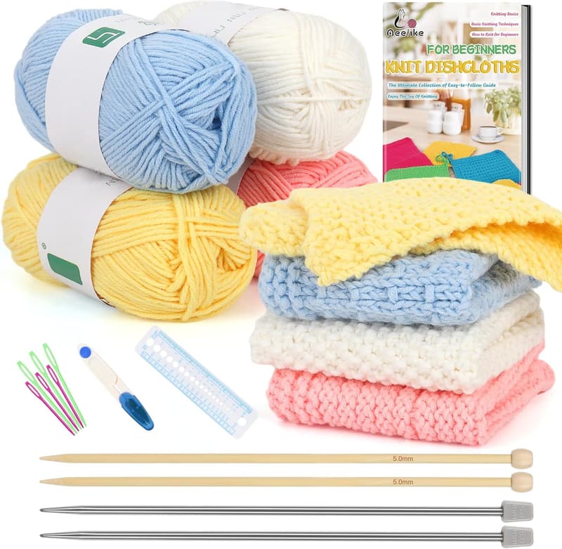 Beginner Knitting Kit with Cotton Yarn and Needles, Step-by-Step Guide