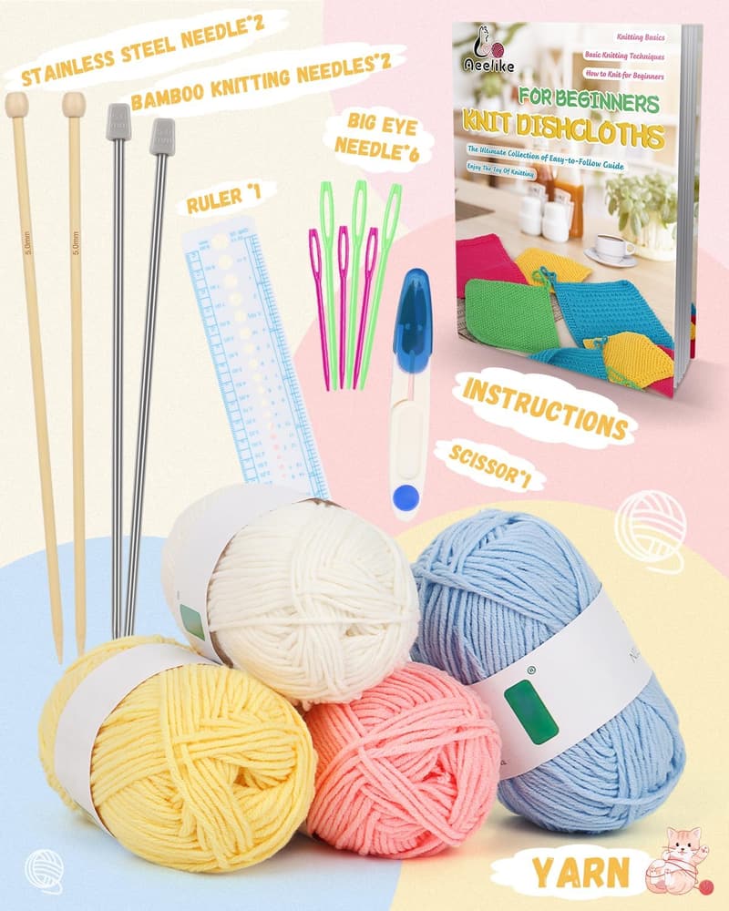 Beginner Knitting Kit with Cotton Yarn and Needles, Step-by-Step Guide