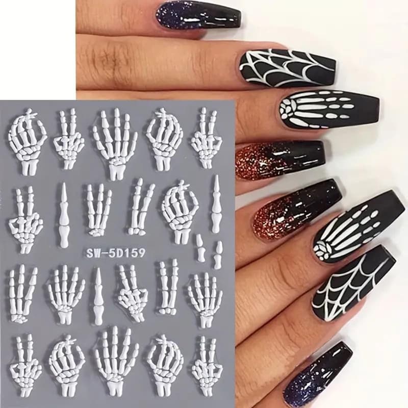 Halloween Bone Skeleton Nail Art Stickers - 2PCS 5D Embossed Decals