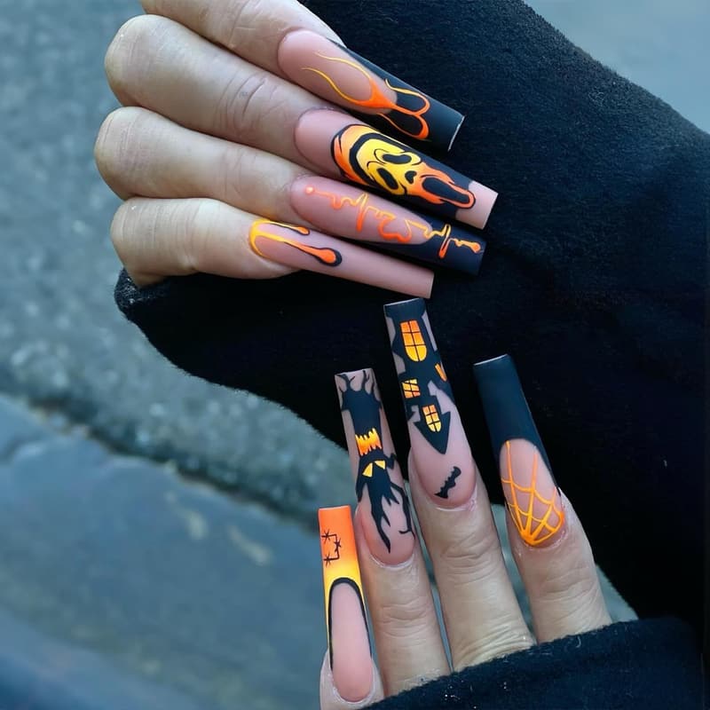 Halloween Press-On Coffin Nails with Spider & Bat Designs - 24pcs