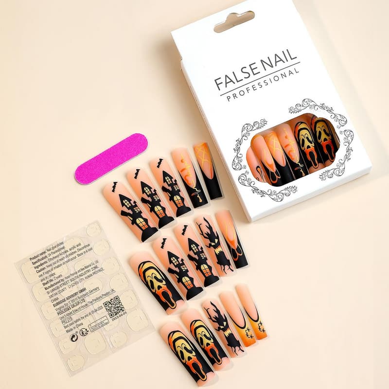 Halloween Press-On Coffin Nails with Spider & Bat Designs - 24pcs